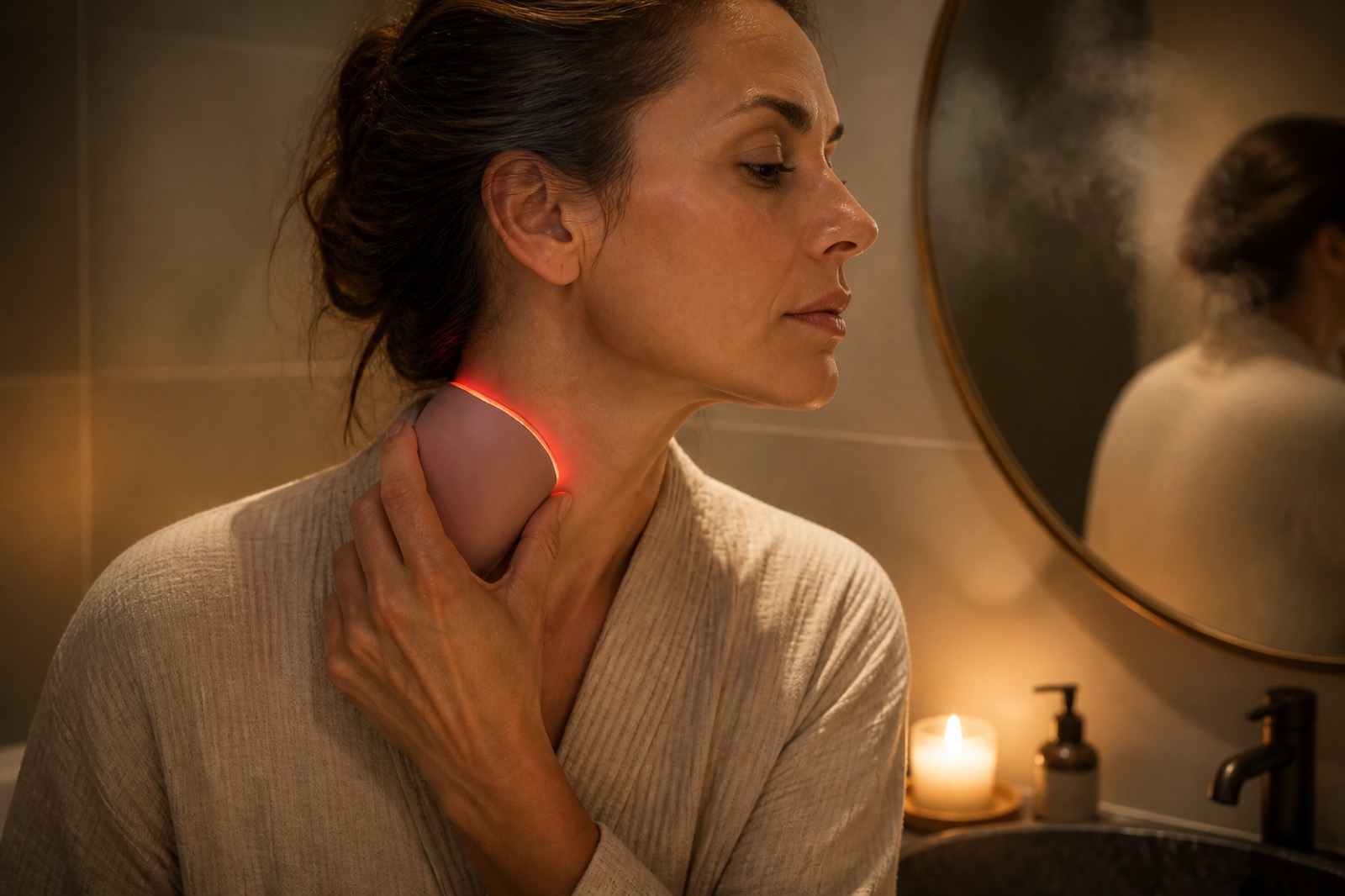 Abendritual: Anwendung des EMS Gua Sha am Hals im gedämpften Licht