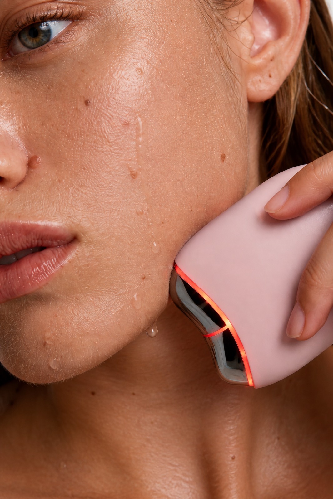 Nahaufnahme: EMS Gua Sha mit rotem Licht an der Kieferlinie