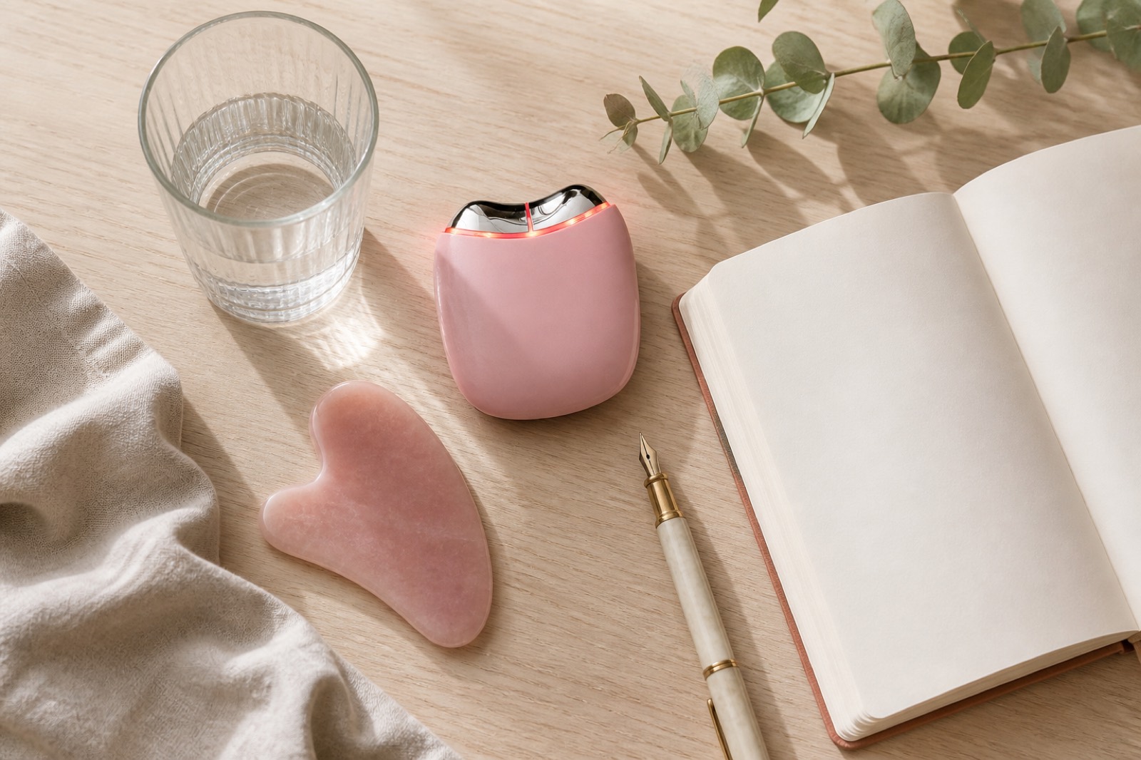 Tagebuch, Serum und EMS Gua Sha auf einem hellen Holztisch