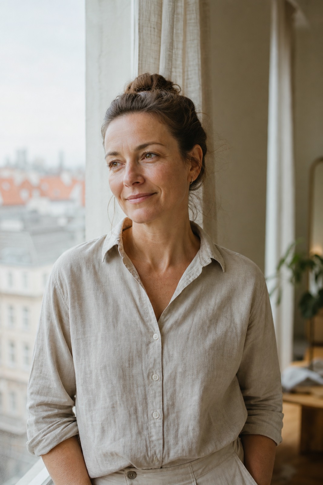 Porträt von Katharina am Fenster ihrer Wiener Wohnung