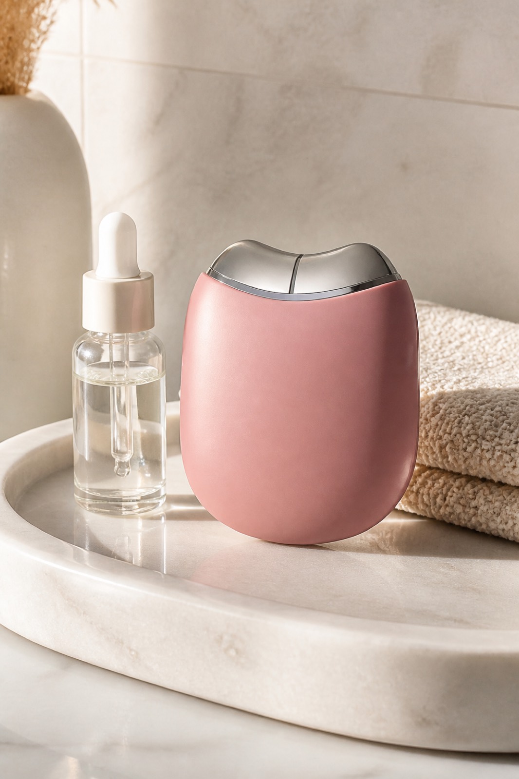 EMS Gua Sha auf einem Marmortablett neben Serum