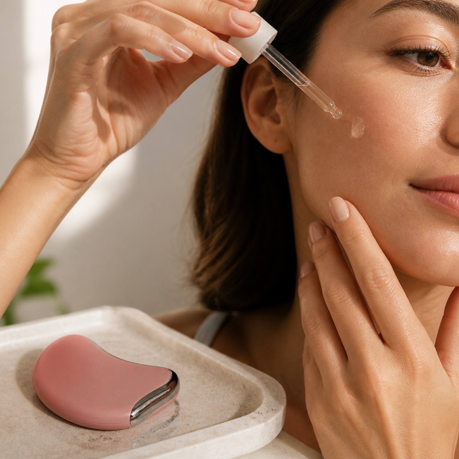 Serum wird aufgetragen, das EMS Gua Sha liegt bereit