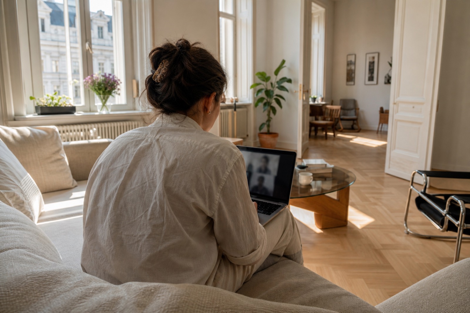 Videocall am Fenster einer Wiener Altbauwohnung